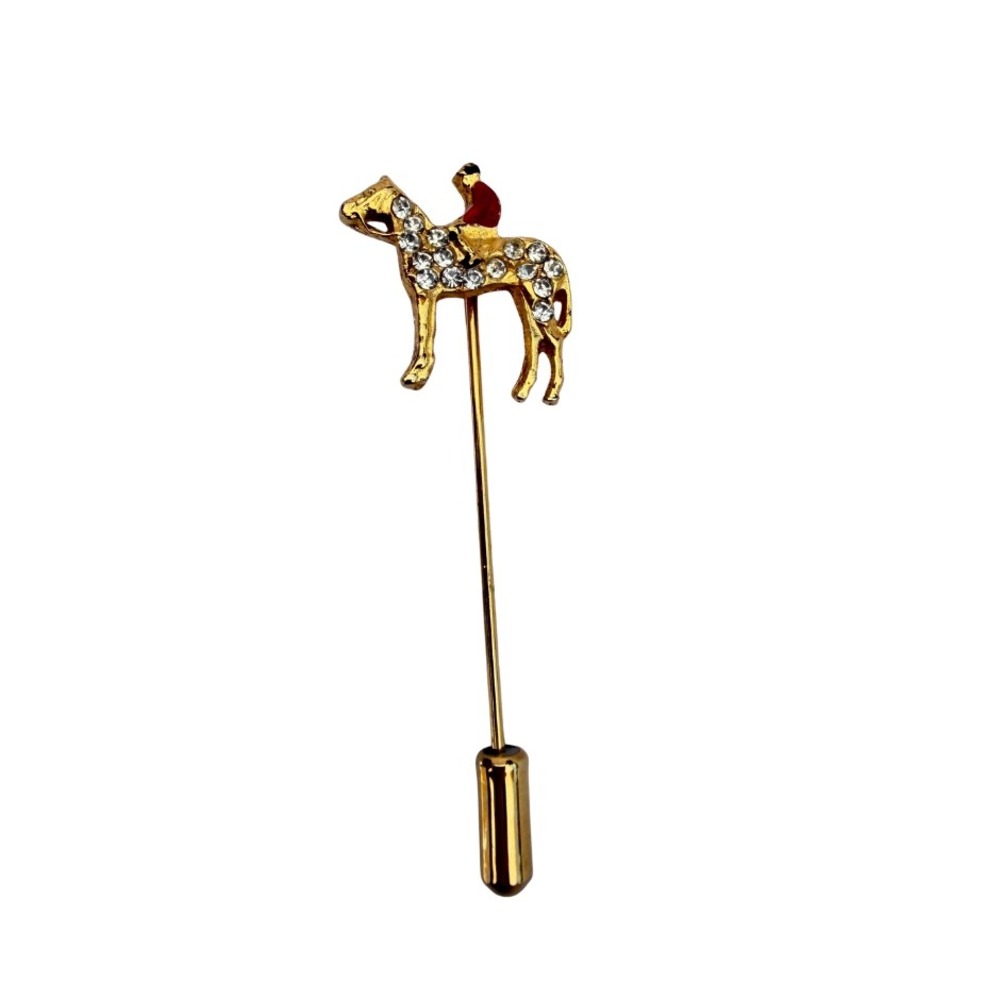 Equestrian Derby Jockey Stick Pin Horse Rider Rhinestone Jewelry Gold‎ Tone